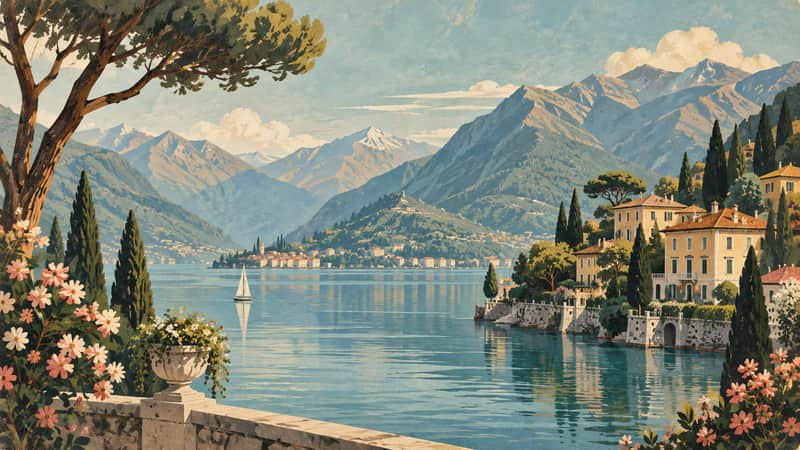 Lake Como 4K wallpaper, mid-century travel poster style, for Frame TV and desktop