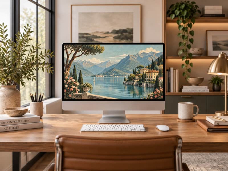 Lake Como wallpaper shown on a desktop computer screen