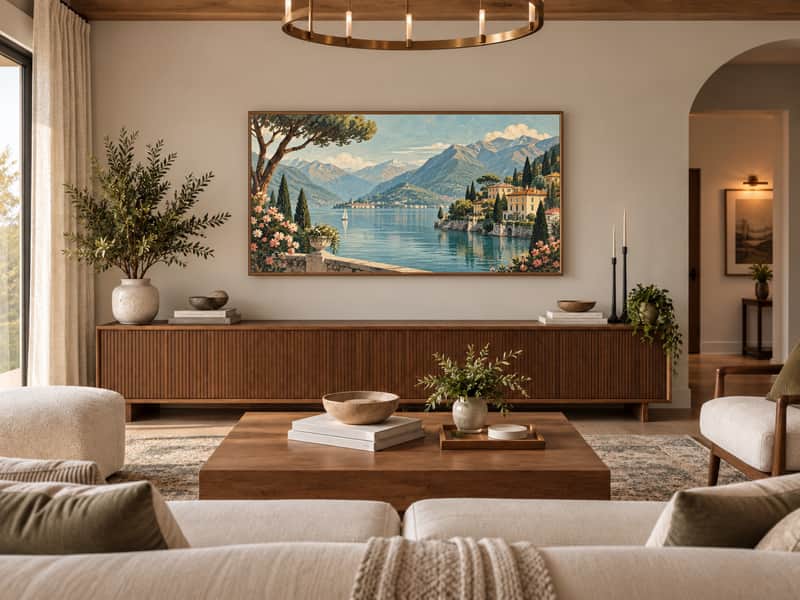 Lake Como wallpaper shown as art on a Samsung Frame TV