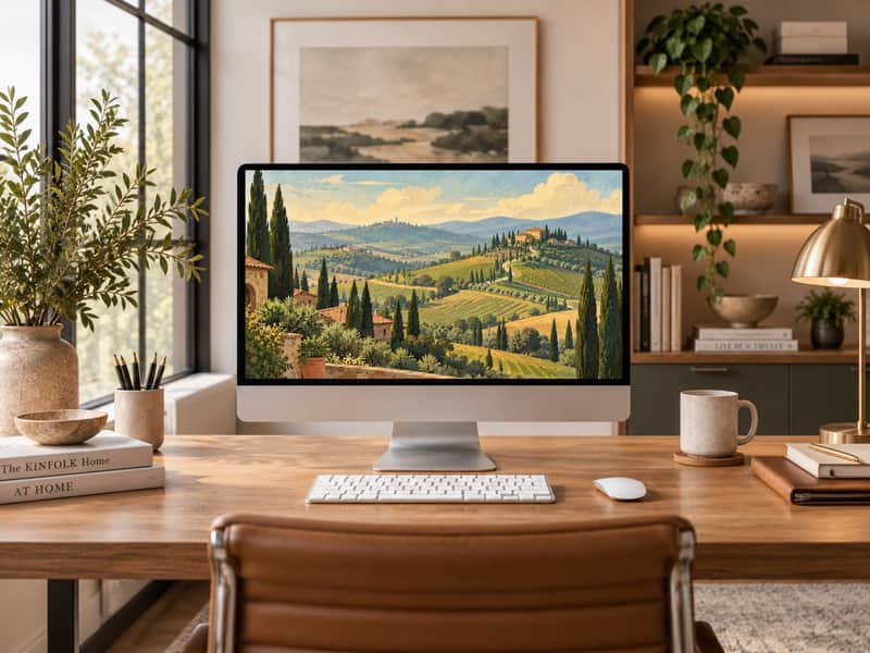 Tuscan Countryside wallpaper shown on a desktop computer screen