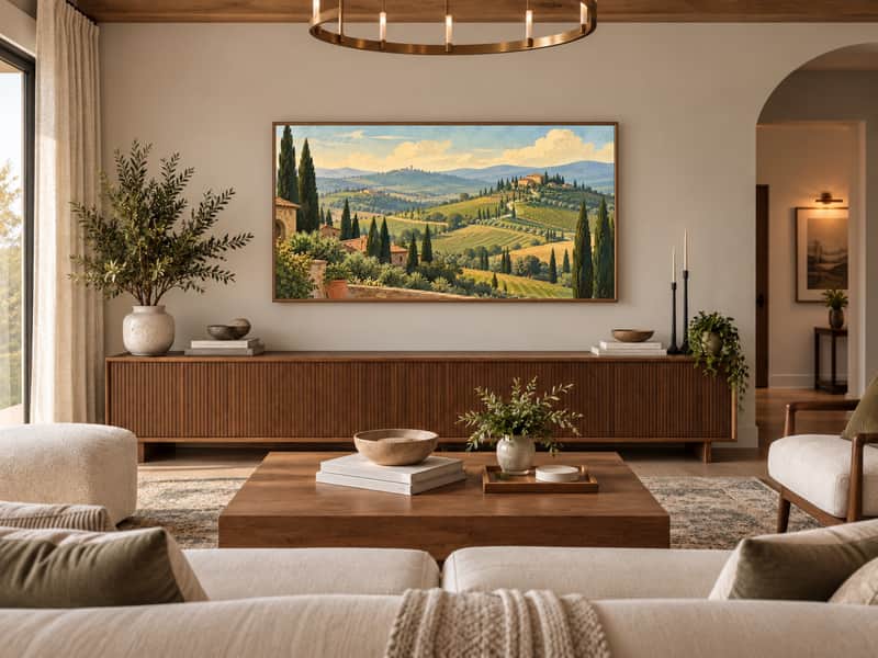 Tuscan Countryside wallpaper shown as art on a Samsung Frame TV