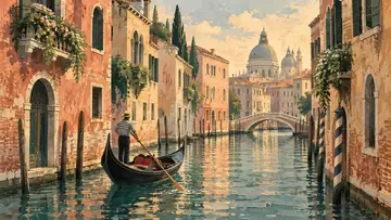 Venice Canals 4K wallpaper, mid-century travel poster style