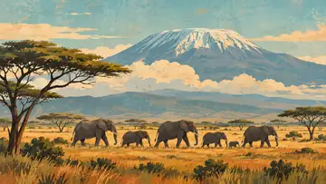 Amboseli Elephants 4K wallpaper, mid-century travel poster style
