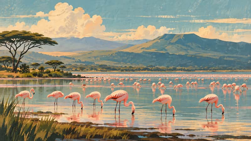 Lake Nakuru Flamingos 4K wallpaper, mid-century travel poster style, for Frame TV and desktop
