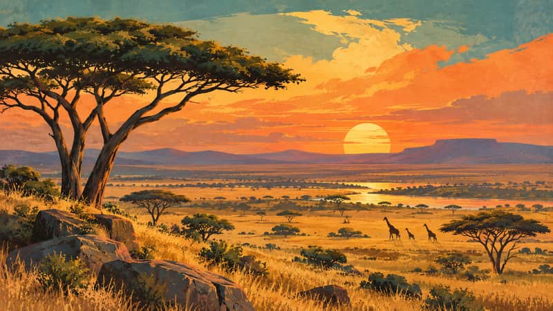 Maasai Mara Savanna 4K wallpaper, mid-century travel poster style, for Frame TV and desktop