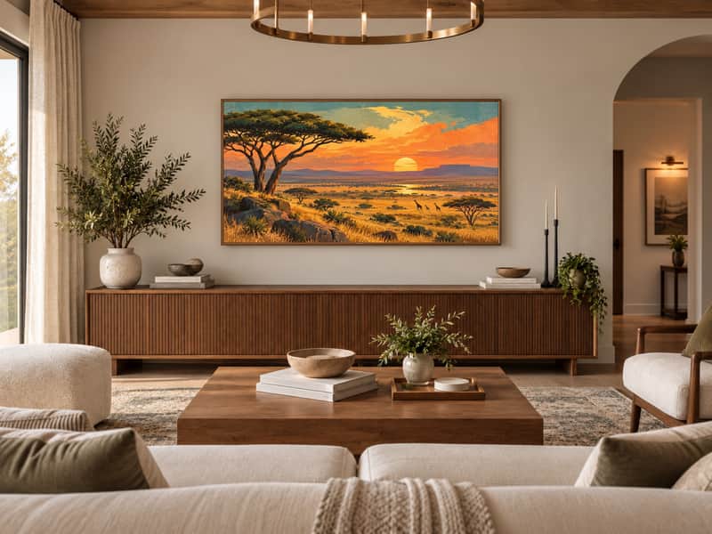 Maasai Mara Savanna wallpaper shown as art on a Samsung Frame TV