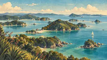 Bay of Islands 4K wallpaper, mid-century travel poster style