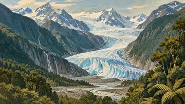 Fox Glacier 4K wallpaper, mid-century travel poster style