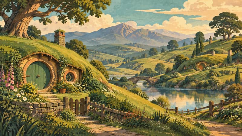 Hobbiton Green Hills 4K wallpaper, mid-century travel poster style, for Frame TV and desktop