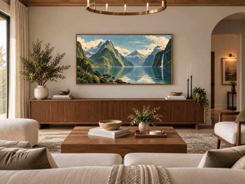 Queenstown Lake wallpaper shown as art on a Samsung Frame TV