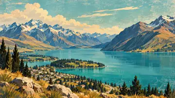 Queenstown Lake 4K wallpaper, mid-century travel poster style