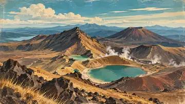 Tongariro Volcanic Landscape 4K wallpaper, mid-century travel poster style