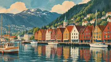 Bergen Harbor 4K wallpaper, mid-century travel poster style