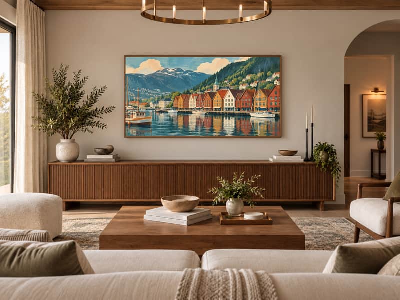 Fjord Village wallpaper shown as art on a Samsung Frame TV