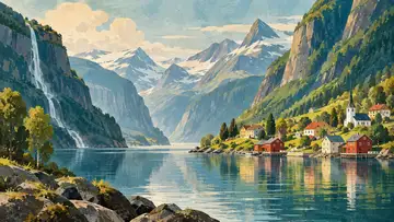 Fjord Village 4K wallpaper, mid-century travel poster style