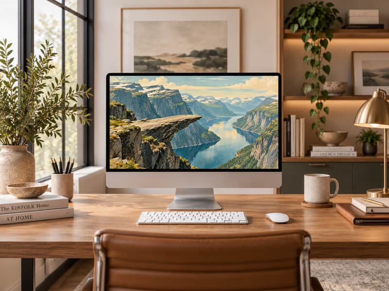 Midnight Sun Coastline wallpaper shown on a desktop computer screen