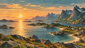 Midnight Sun Coastline 4K wallpaper, mid-century travel poster style