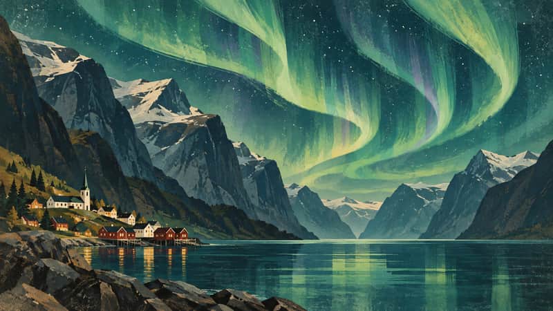 Northern Lights over Fjords 4K wallpaper, mid-century travel poster style, for Frame TV and desktop