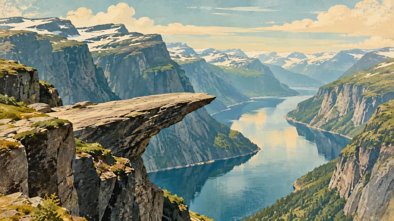 Trolltunga Cliff 4K wallpaper, mid-century travel poster style, for Frame TV and desktop