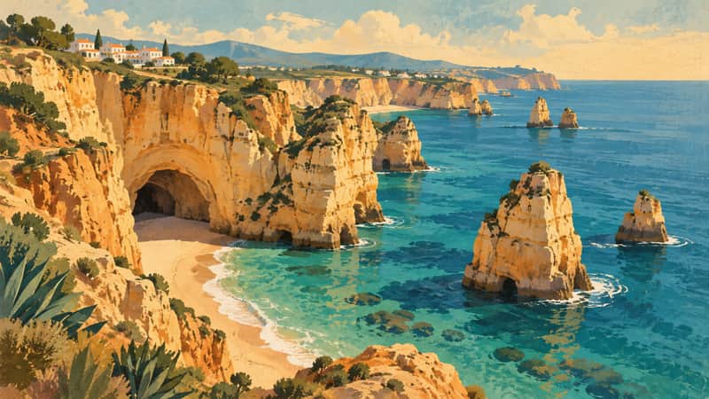 Algarve Cliffs 4K wallpaper, mid-century travel poster style, for Frame TV and desktop