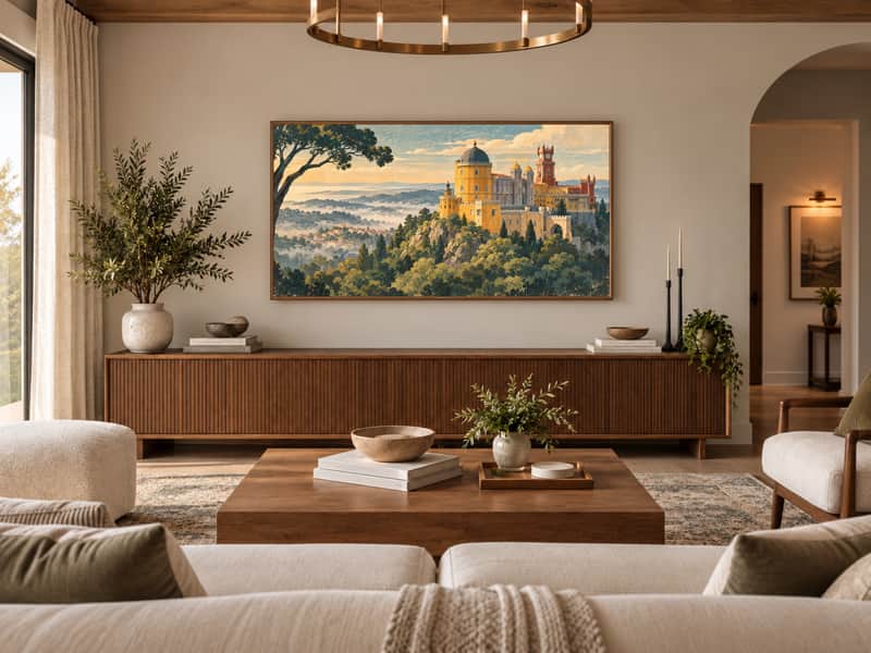 Lisbon Hillside Trams wallpaper shown as art on a Samsung Frame TV