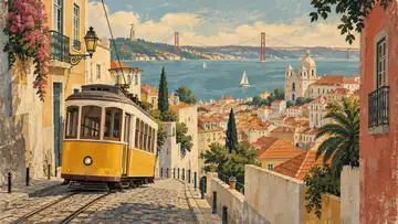 Lisbon Hillside Trams 4K wallpaper, mid-century travel poster style