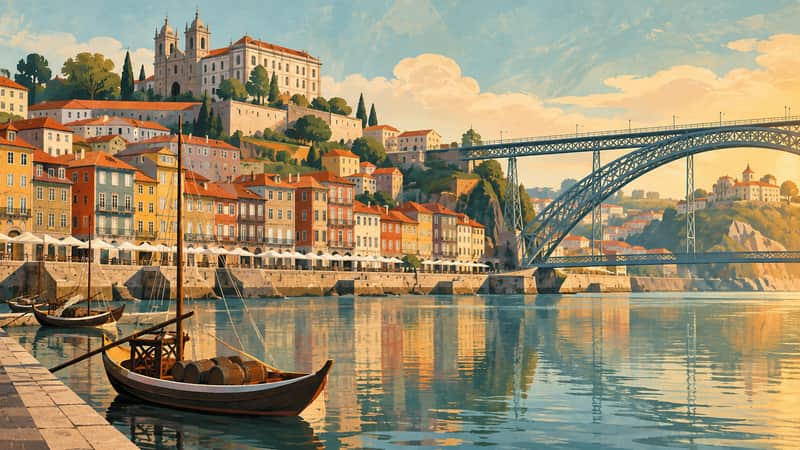 Porto Riverside 4K wallpaper, mid-century travel poster style, for Frame TV and desktop