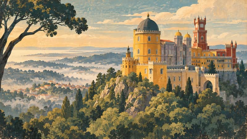 Sintra Palace 4K wallpaper, mid-century travel poster style, for Frame TV and desktop