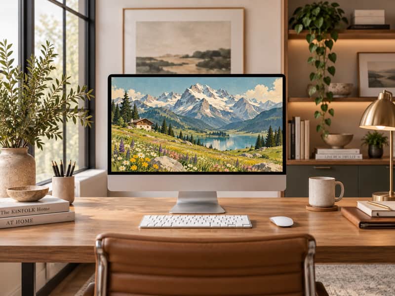 Alpine Meadow wallpaper shown on a desktop computer screen