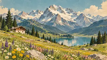 Alpine Meadow 4K wallpaper, mid-century travel poster style