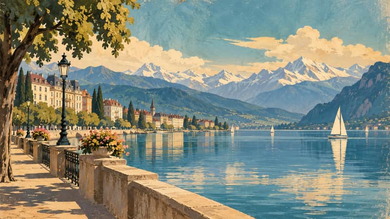 Lake Geneva 4K wallpaper, mid-century travel poster style, for Frame TV and desktop