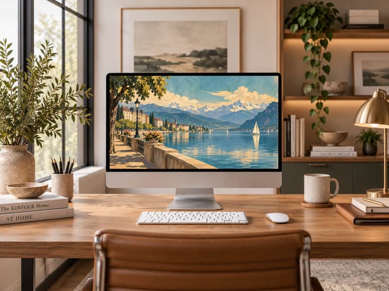 Lake Geneva wallpaper shown on a desktop computer screen
