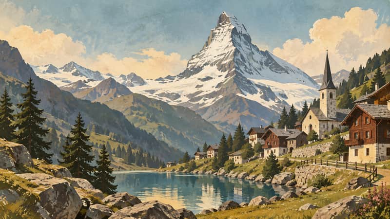 Matterhorn Peak 4K wallpaper, mid-century travel poster style, for Frame TV and desktop
