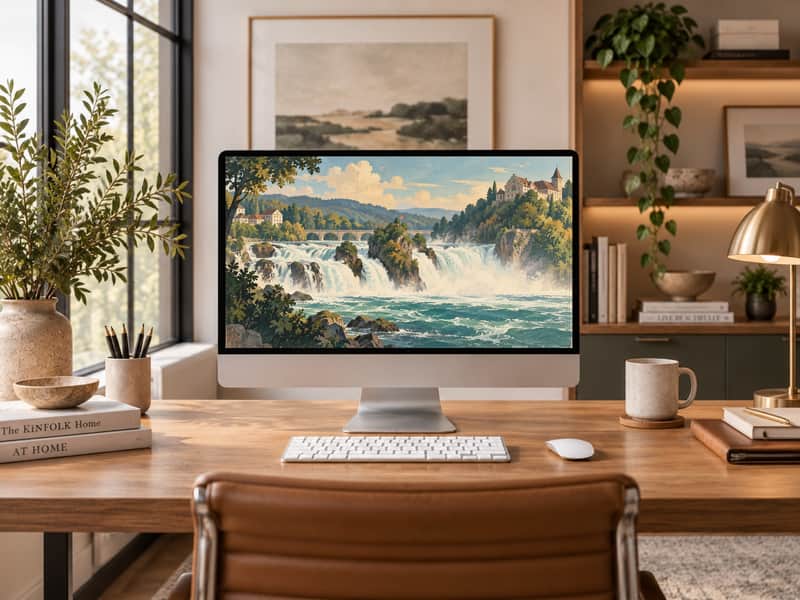 Rhine Falls wallpaper shown on a desktop computer screen