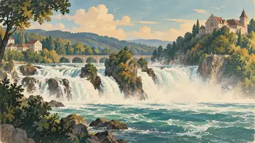 Rhine Falls 4K wallpaper, mid-century travel poster style