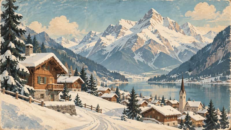 Swiss Alps Village 4K wallpaper, mid-century travel poster style, for Frame TV and desktop