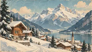 Swiss Alps Village 4K wallpaper, mid-century travel poster style