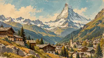 Zermatt Valley 4K wallpaper, mid-century travel poster style