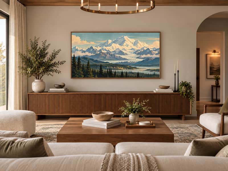 Denali Peak wallpaper shown as art on a Samsung Frame TV