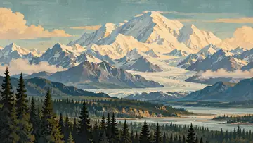 Denali Peak 4K wallpaper, mid-century travel poster style