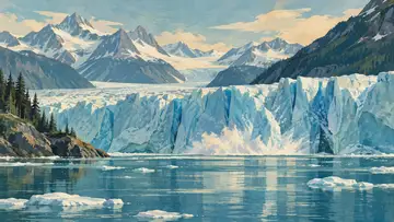 Glacier Bay 4K wallpaper, mid-century travel poster style