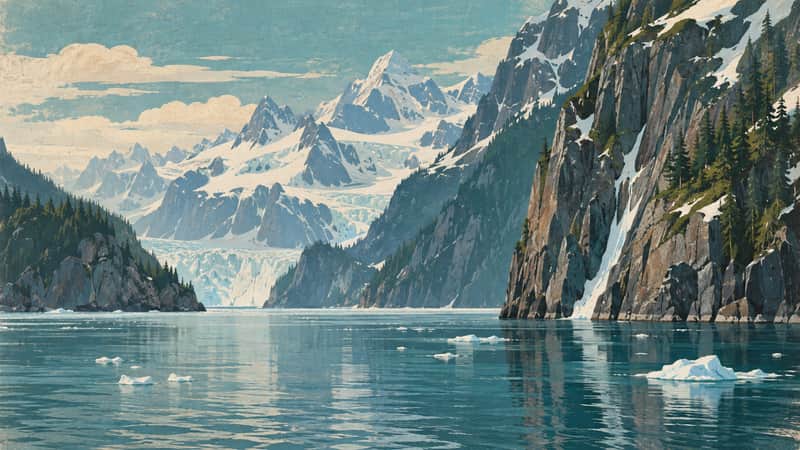 Kenai Fjords Coastline 4K wallpaper, mid-century travel poster style, for Frame TV and desktop