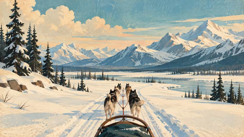 Snowy Dog Sled Trail 4K wallpaper, mid-century travel poster style, for Frame TV and desktop