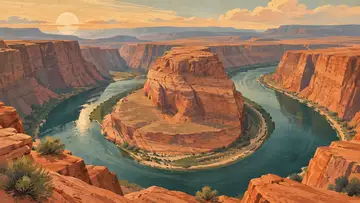 Horseshoe Bend 4K wallpaper, mid-century travel poster style