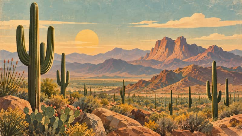 Saguaro Desert 4K wallpaper, mid-century travel poster style, for Frame TV and desktop