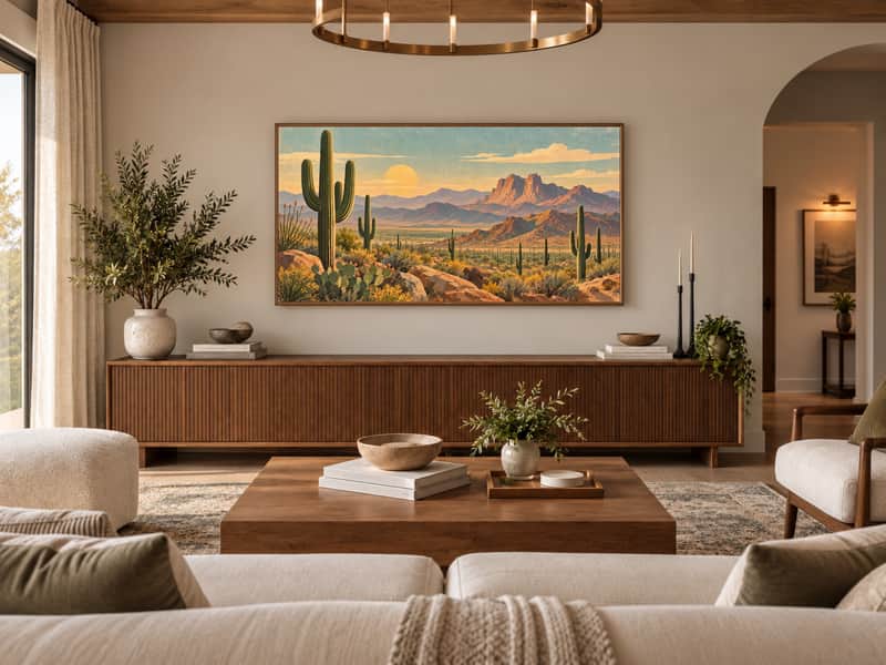 Saguaro Desert wallpaper shown as art on a Samsung Frame TV