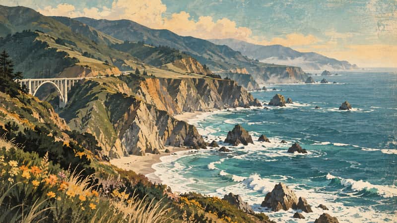 Big Sur Coastline 4K wallpaper, mid-century travel poster style, for Frame TV and desktop