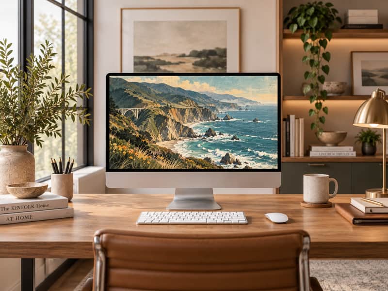 Big Sur Coastline wallpaper shown on a desktop computer screen