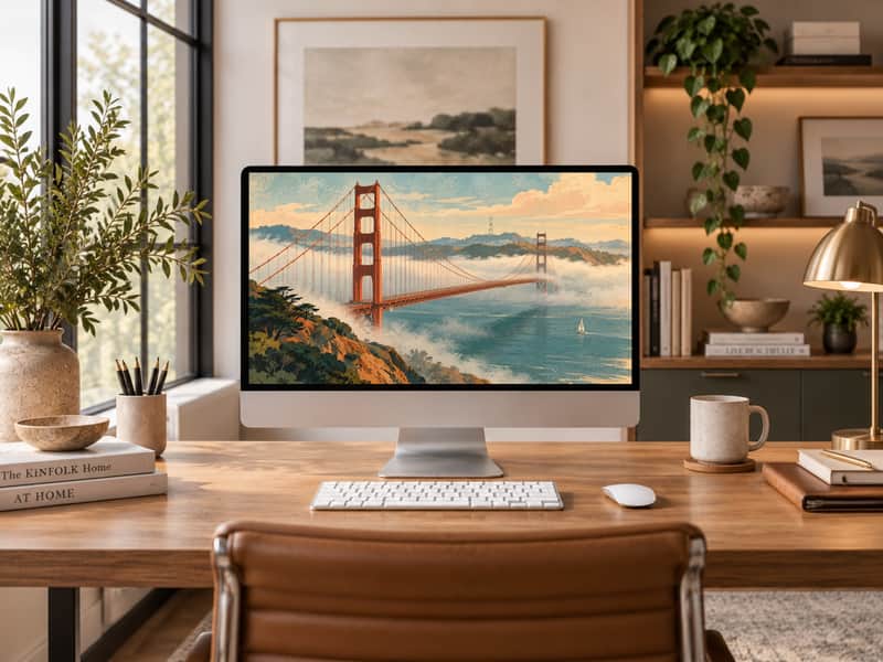 Golden Gate Bridge wallpaper shown on a desktop computer screen