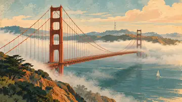 Golden Gate Bridge 4K wallpaper, mid-century travel poster style